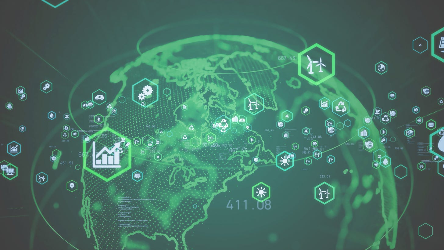 green digital globe surrounded by symbols in hexagons