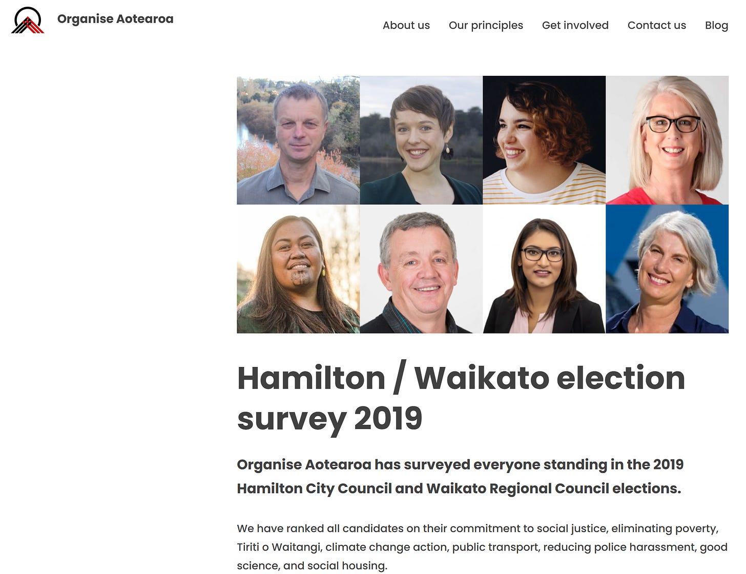 A screenshot of the Organise Aotearoa webpage for the Hamilton / Waikato election survey 2019. It has photographs of 8 candidates and a short blurb explaining the survey. This page is linked below.