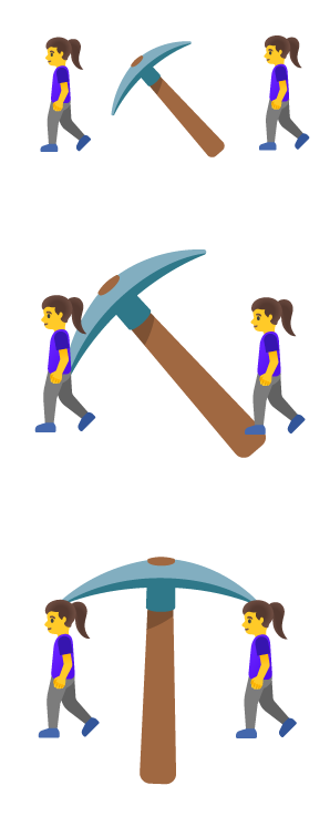 A sequence of emoji combinations, with the woman walking emoji, one pickaxe emoji, and another woman walking emoji. In each step of the three image sequence, the emoji get closer and closer until the two women are hanging from two ends of the pickaxe blade.