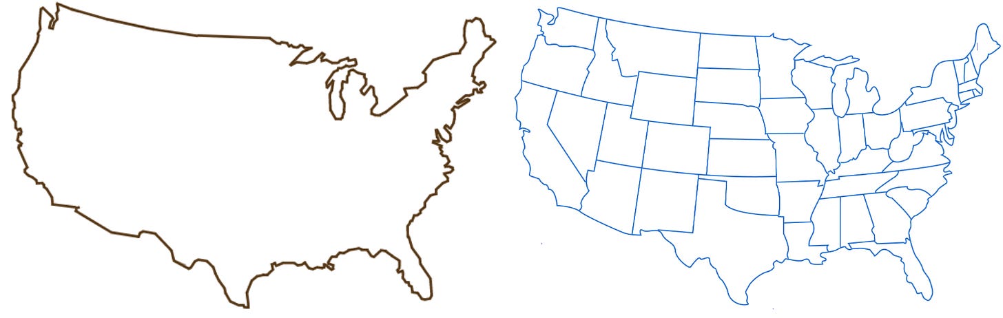 Adjacent U.S. map outlines, with and without outlines of states.