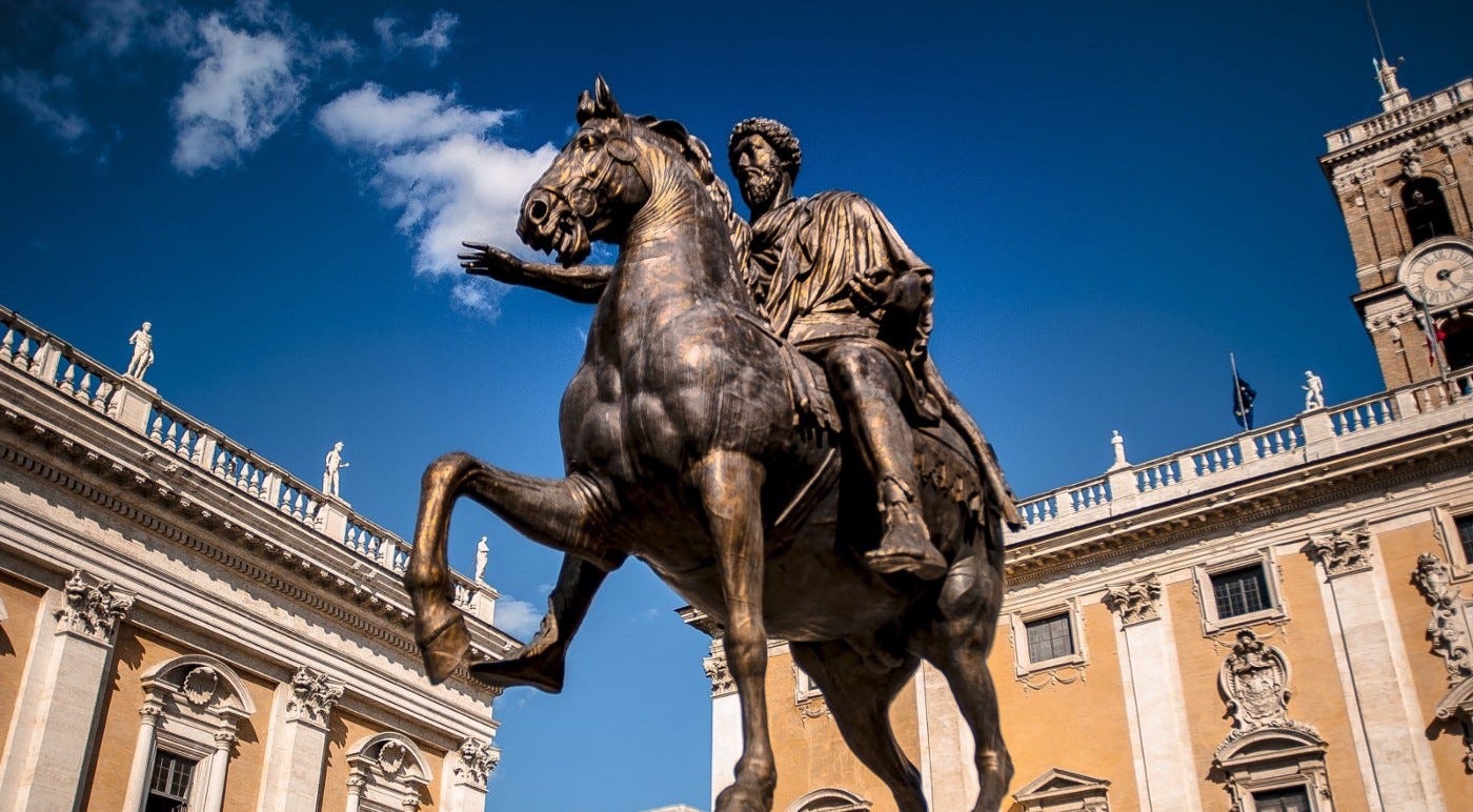 A bronze statue of Marcus Aurelius on his horse