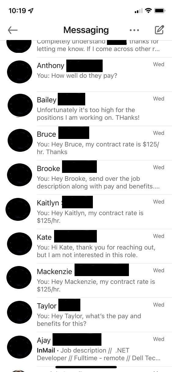A software engineer's LinkedIn DMs flooded by recruiter outreach.