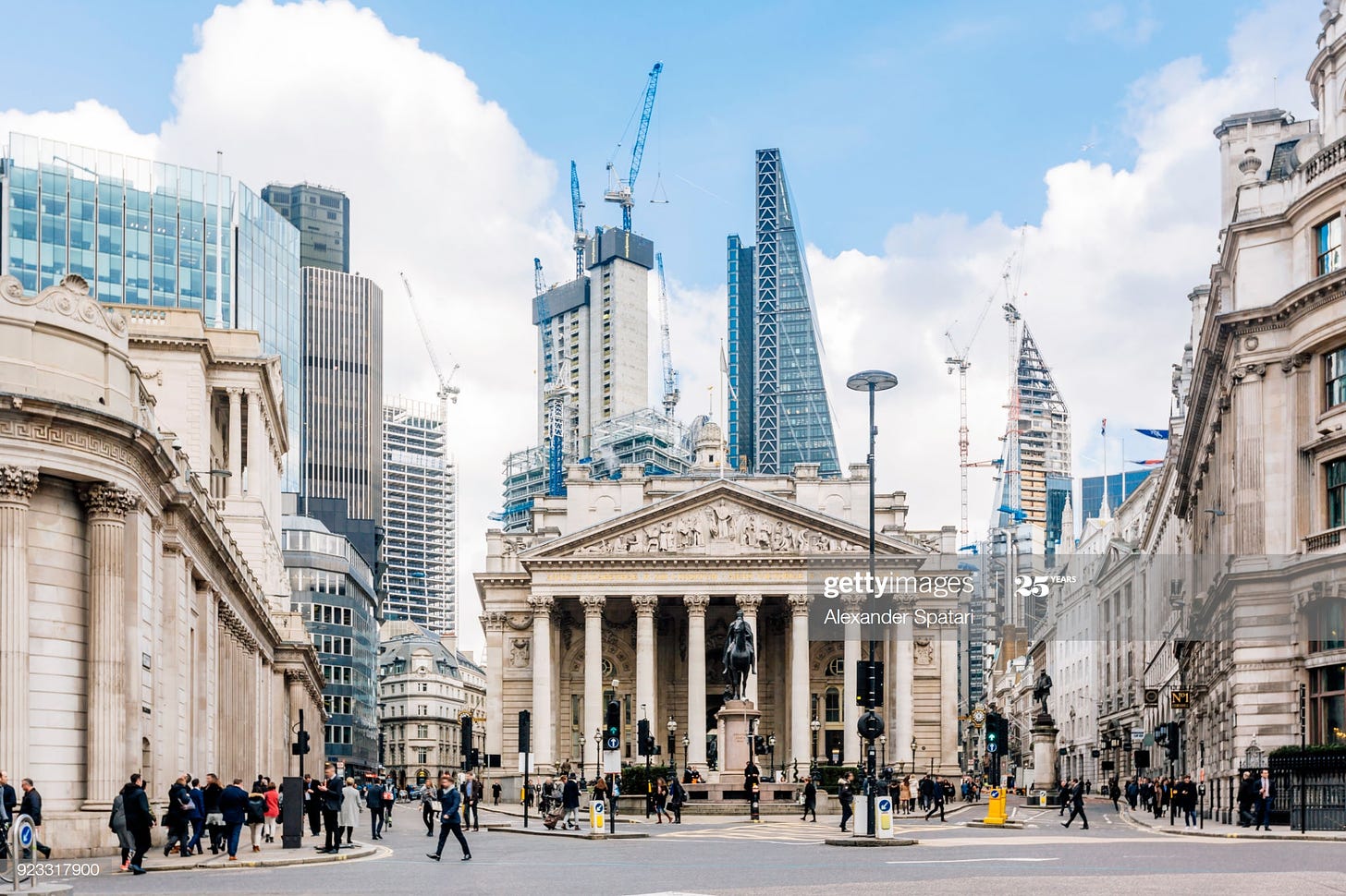 Street in City of London with Royal Exchange, Bank of England and new modern skyscrapers, England, UK : Stock Photo