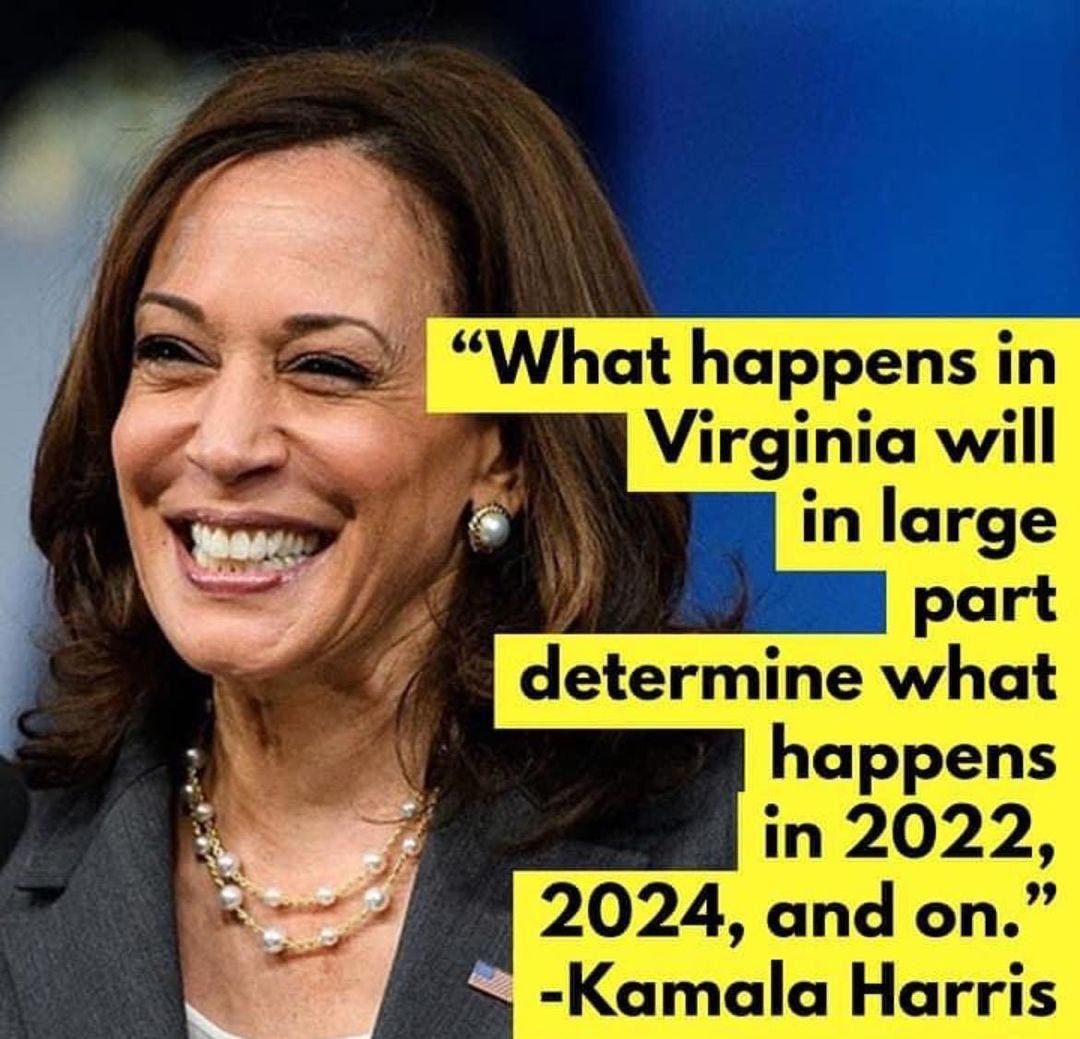 May be an image of 1 person and text that says '"What happens in Virginia will in large part determine what happens in 2022, 2024, and on.' -Kamala Harris'