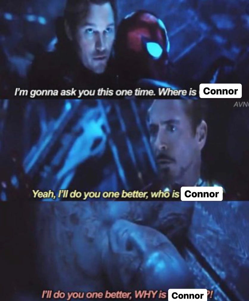 three screenshots of conversation between avengers characters and asking about connor