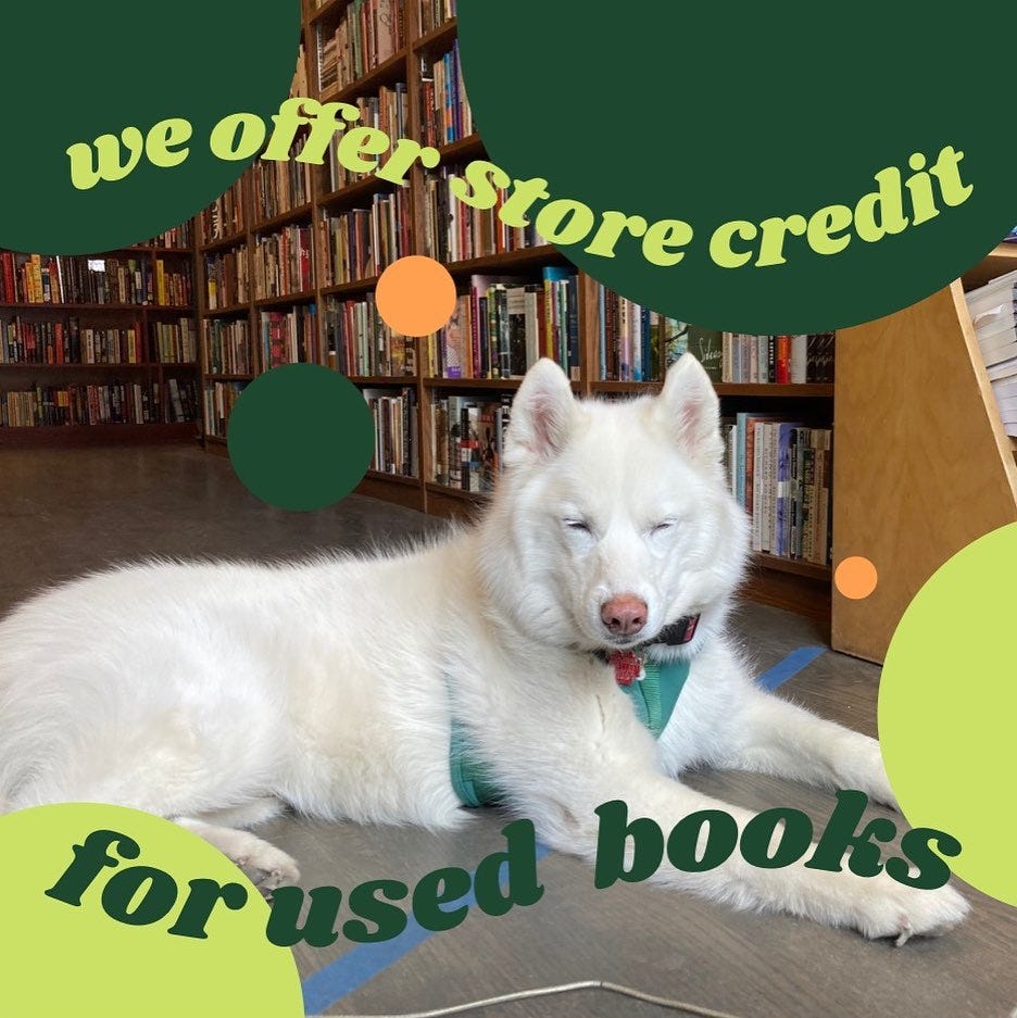 May be an image of 1 person, dog and text that says 'we offer Store credit for orused books'