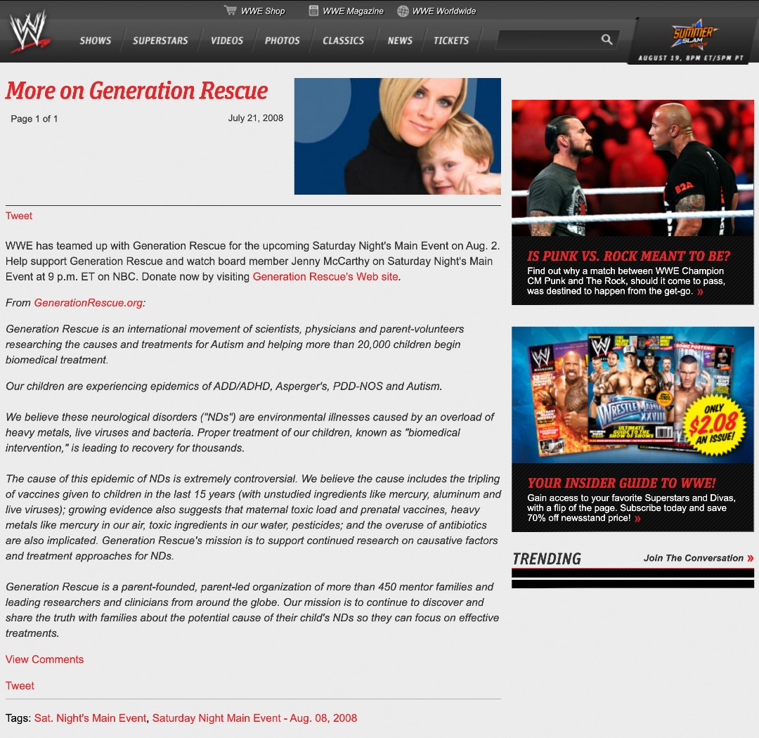 “More on Generation Rescue” as it looks in the earliest capture of the page on the Internet Archive’s Wayback Machine. (Screenshot Source: WWE.com)