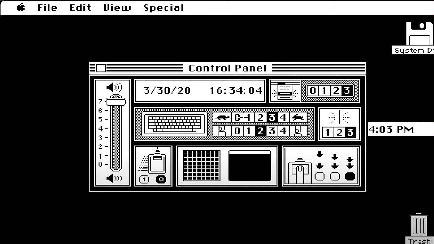 Screenshot del “panel de control” del Mac OS System 1.0.