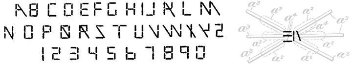 Letras de segmentos desenhadas por Carl Kinsley, em sua patente de 1903.