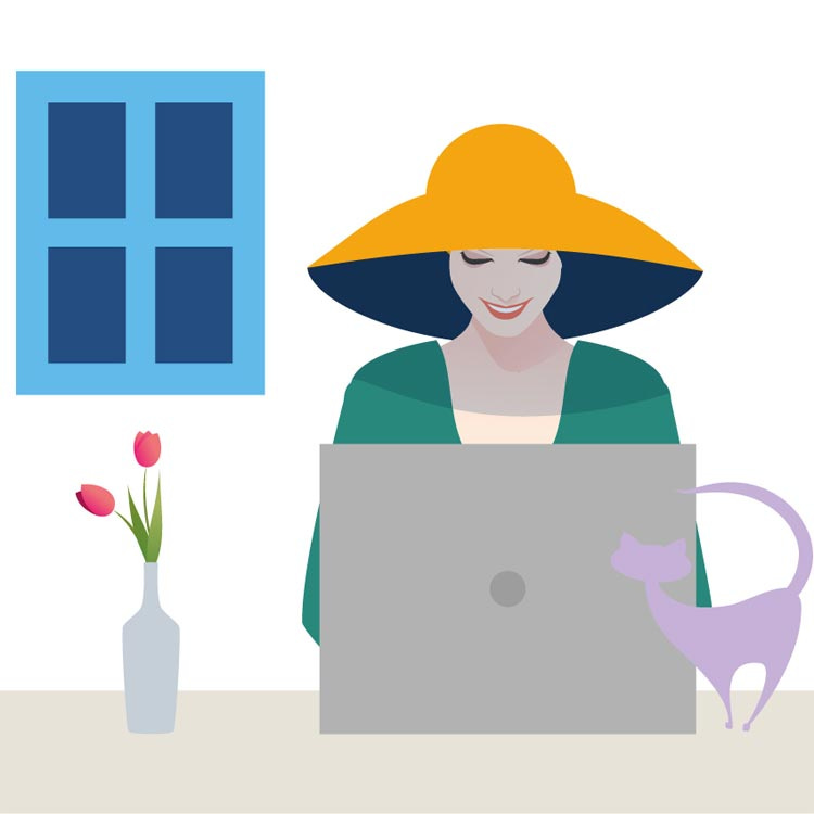 Woman writing on laptop in Mediterrean with cat and flowers