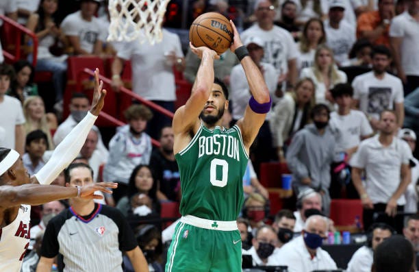 Jayson Tatum of the Boston Celtics against the Miami Heat in Game Seven of the 2022 NBA Playoffs Eastern Conference Finals at FTX Arena on May 29,...
