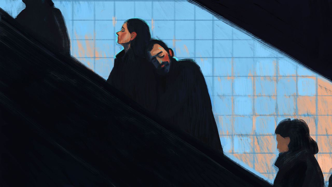 HOLLY WARBURTON - Couple on the escalator. Digital sketch for the...