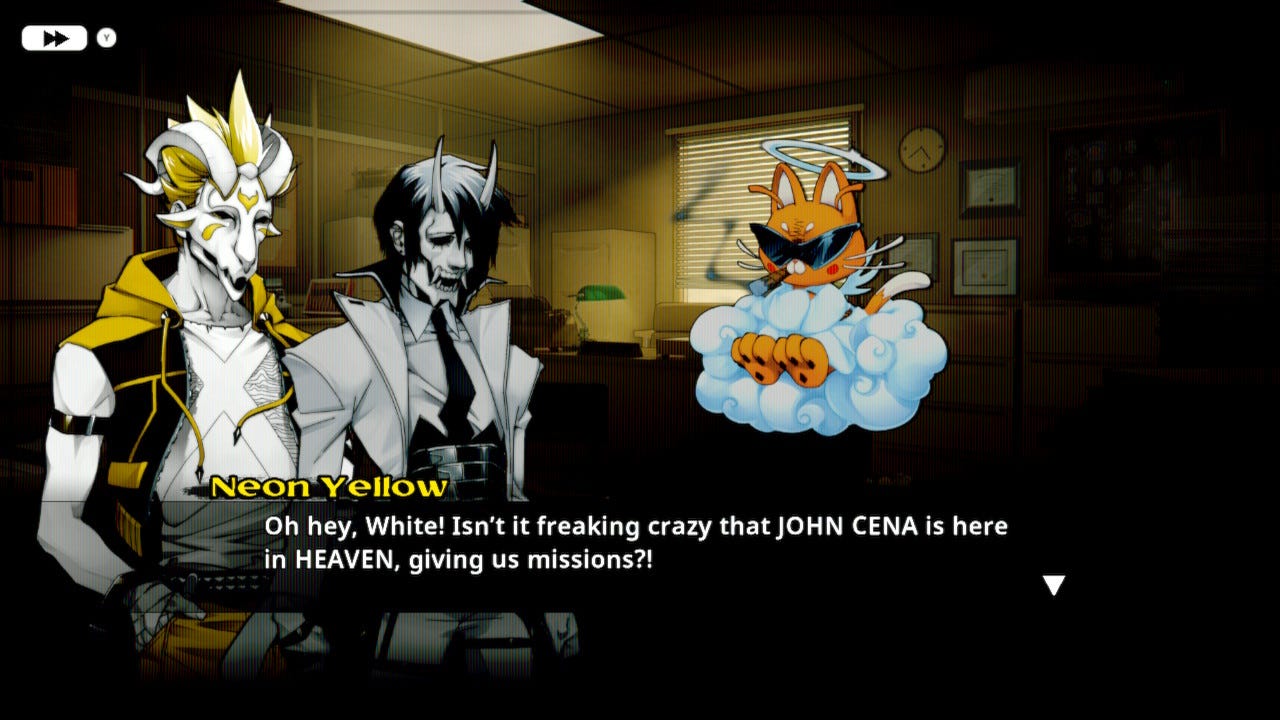 A screenshot from Neon White, where the character Neon Yellow is saying, "Oh hey, White! Isn't it freaking crazy that JOHN CENA is here in HEAVEN, giving us missions?!"