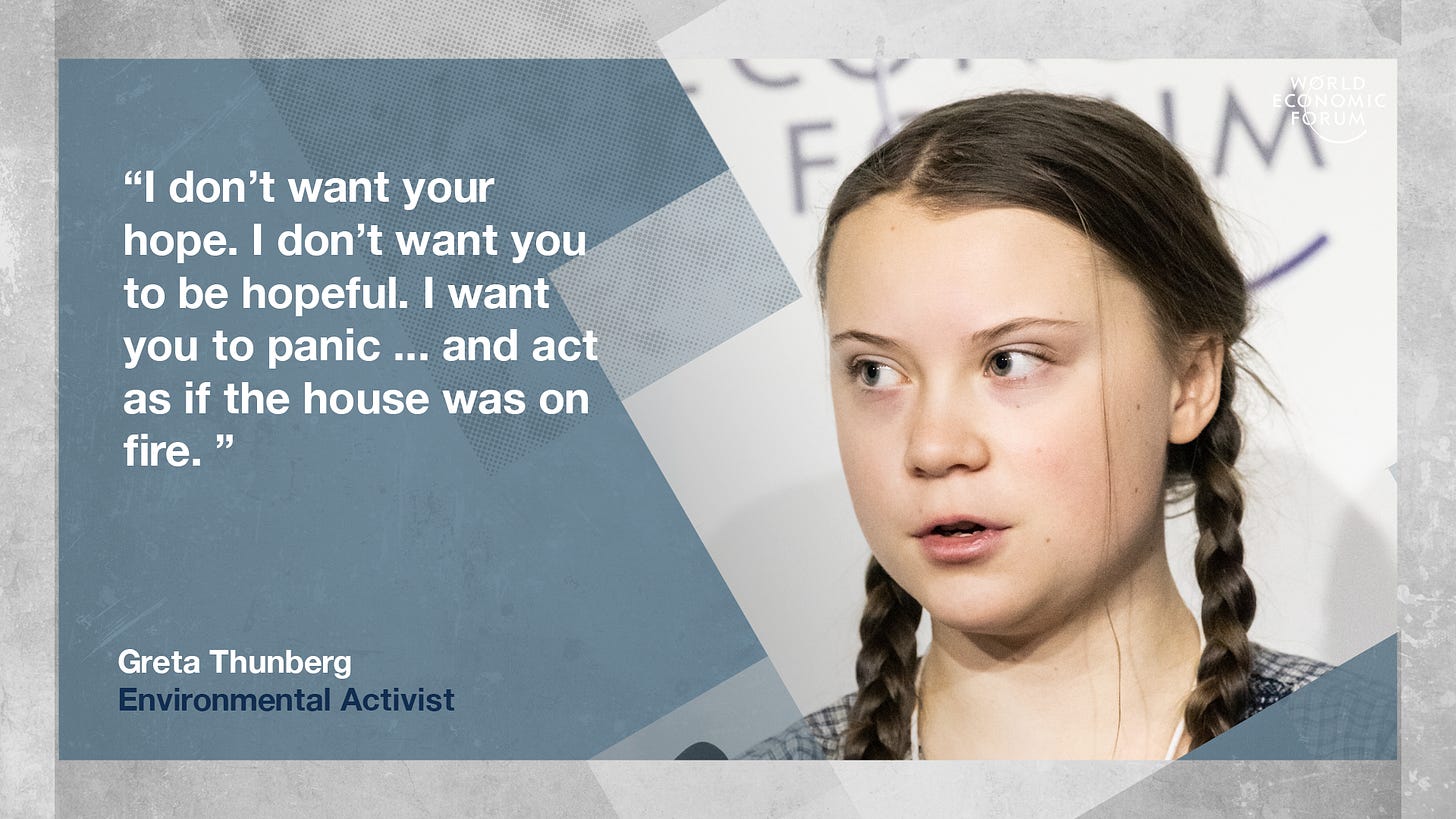 Quotegraphic of Greta Thunberg that says 'I don't want your hope. I don't want you to be hopeful. I want you to panic... and act as if the house was on fire."