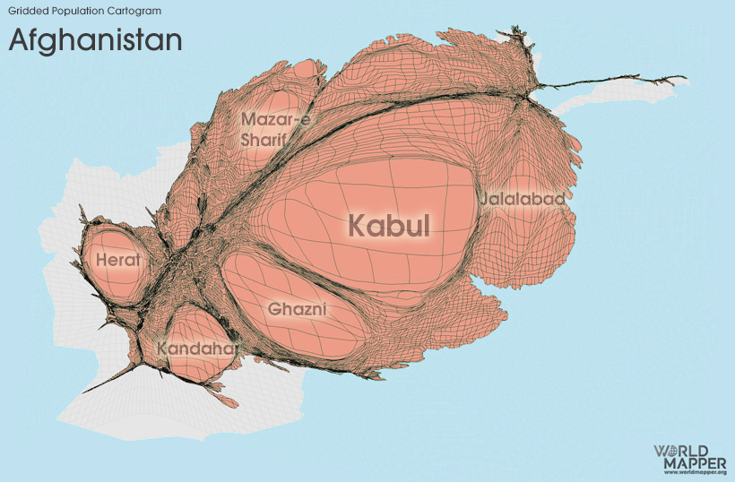 afghanistan gridded population cartogram