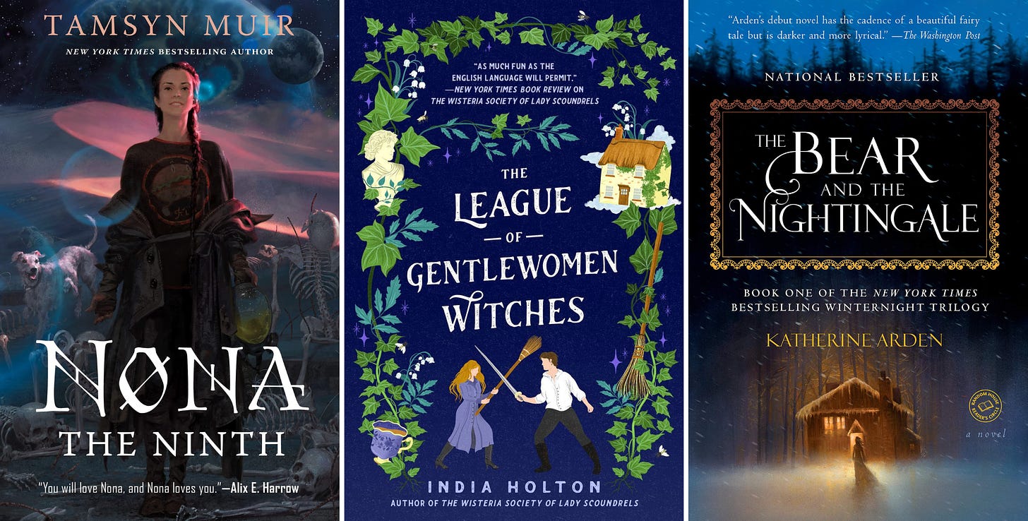 A collage of three book cover photos including Nona the Ninth by Tamsyn Muir, The League of Gentlewomen Witches by India Holton, and The Bear and the Nightingale by Katherine Arden.