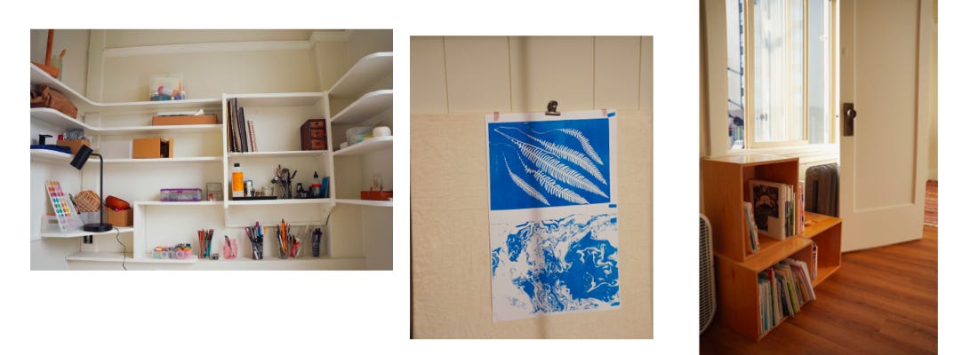 studio shelves, a test print, and zines and books in boxes