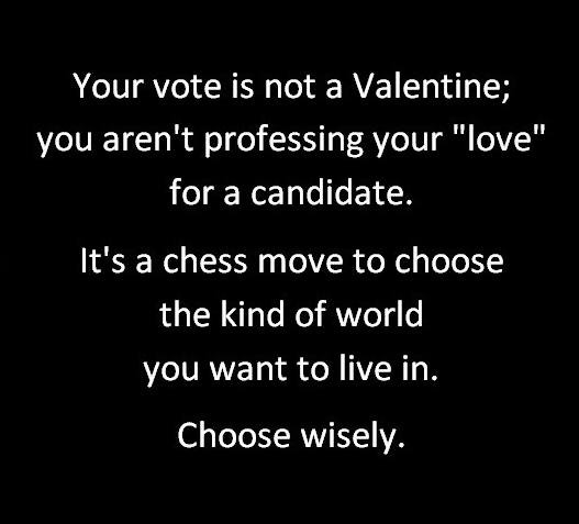 May be an image of text that says 'Your vote is not a Valentine; you aren't professing your "love" for a candidate. It's a chess move move to choose the kind of world you want to live in. Choose wisely.'