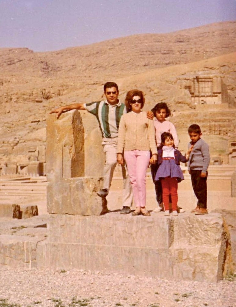 The author, Bianca Bagatourian, and her family in 1967 at the ruins of Persepolis in Iran