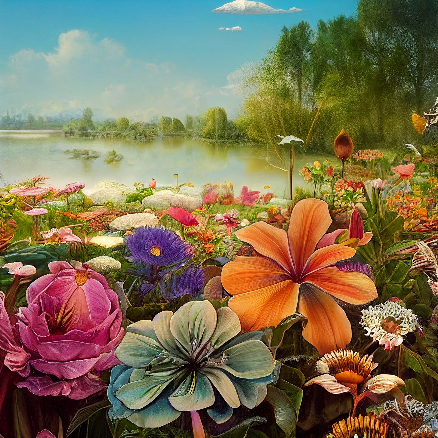 A colorful garden on the edge of lake with trees around the edges