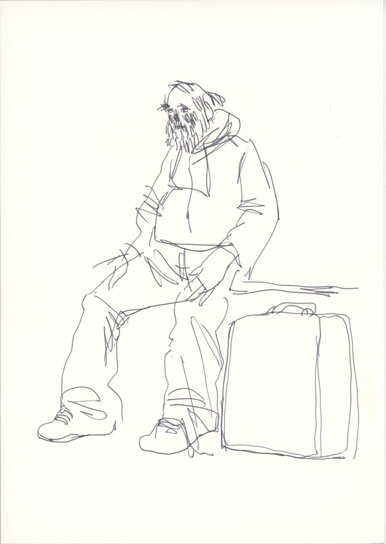 Sketch of a man with a suitcase on the street.