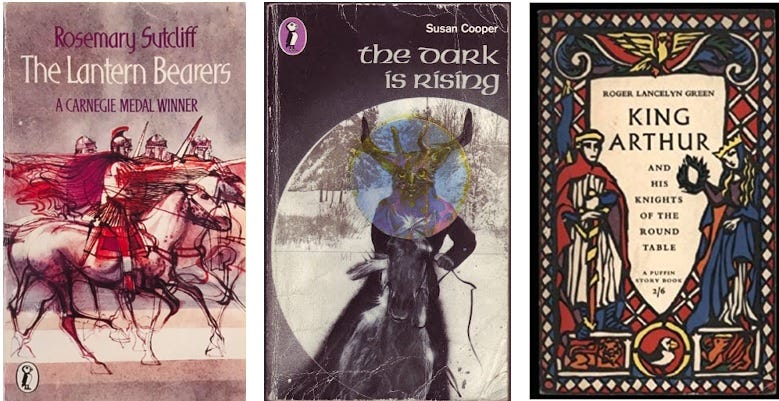 Covers of three early-medieval flavoured Puffin books I read as a child: Rosemary Sutcliff's The Lantern Bearers, Susan Cooper's The Dark is Rising, Roger Lancelyn Green's King Arthur and His Knights of the Round Table