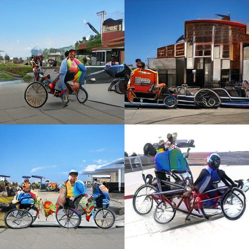 Four images that are clearly some kind of many-wheeled bicycle objects. The wheels tend to be floppy with weirdly disconnected spokes, and sometimes the wheels are hovering. There are human-adjacent riders but it’s tough to separate them form the bikes.