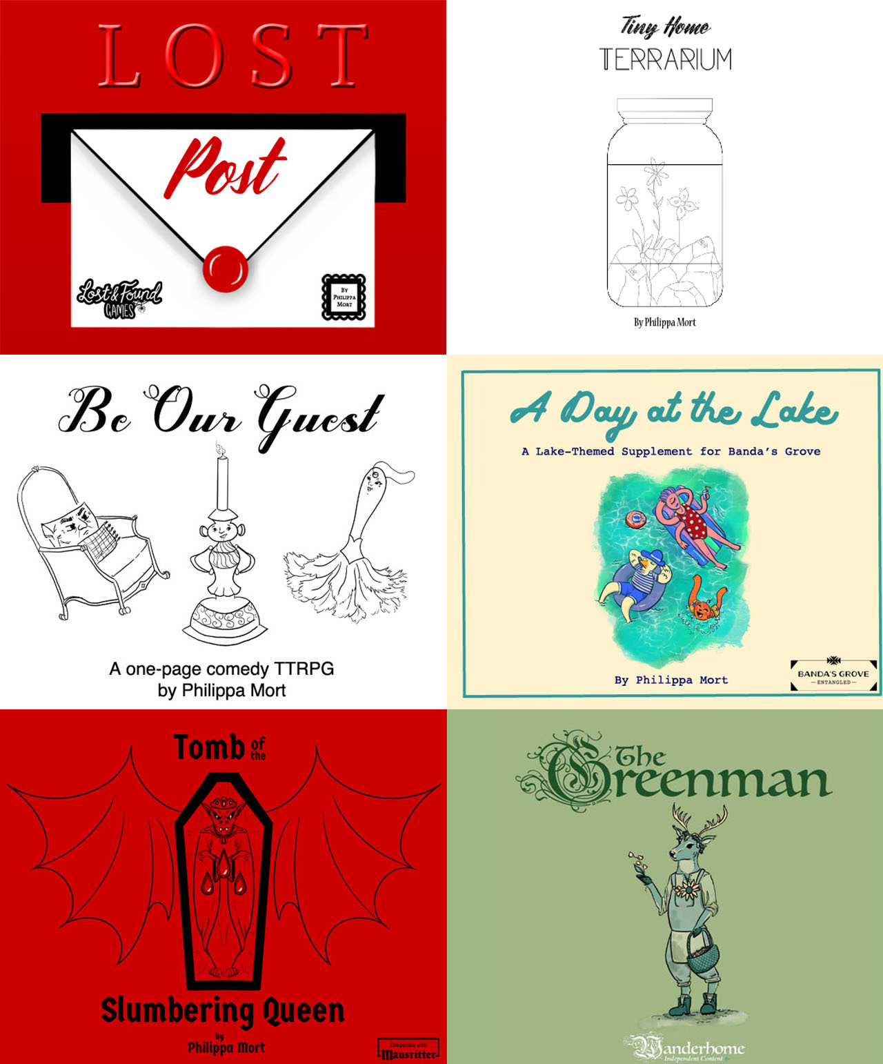 Graphic showing 6 of the games Philippa has made on itch. From top left clockwise, are the covers for Lost Post, Tiny Home Terrarium, Be Our Guest, A Day at the Lake, Tomb of the Slumbering Queen, and The Greenman.