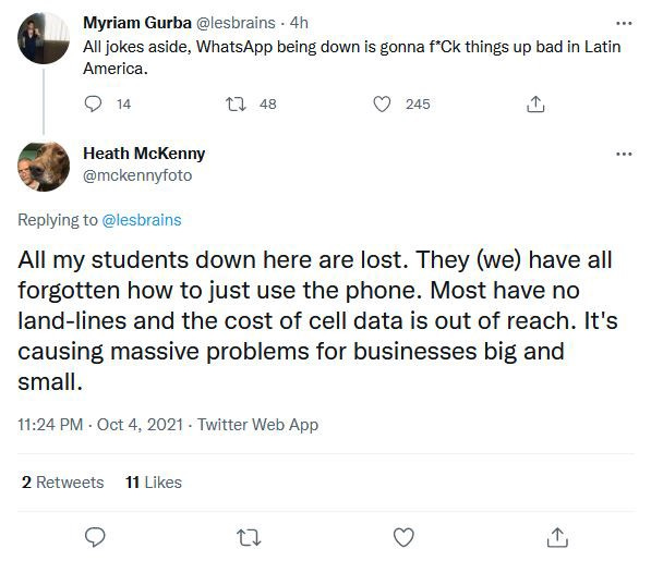 Tweet from @mckennyfoto: All my students down here are lost. They (we) have all forgotten how to just use the phone. Most have no land-lines and the cost of cell data is out of reach. It’s causing massive problems for businesses big and small.