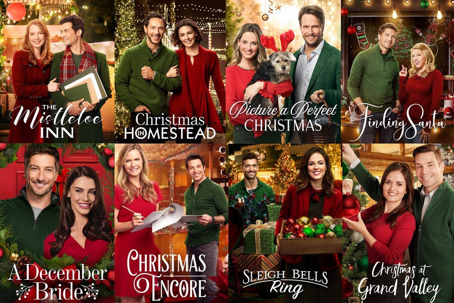 near-identical Christmas-movie posters with white couples in front of Xmas trees