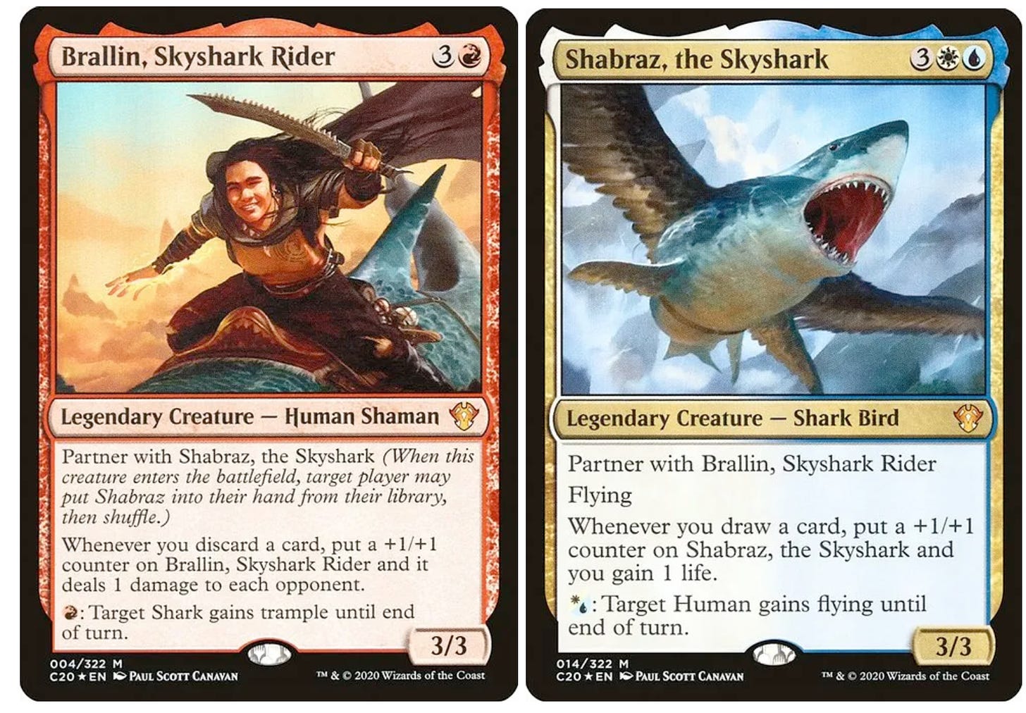 Two cards, one titled Brallin, Skyshark Rider features a man on a flying shark. Below are detail of its value in the game. The second card features a shark bird and details of its value below