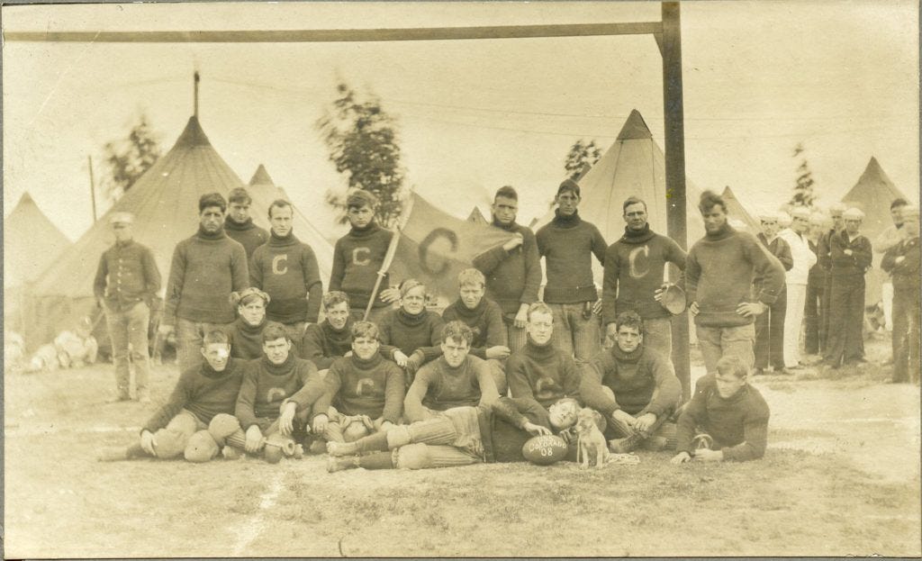 The 1908 team representing the U.S.S. Colorado. The 1907 team was the Pacific Fleet champion whose record included a 16-4 loss to USC.