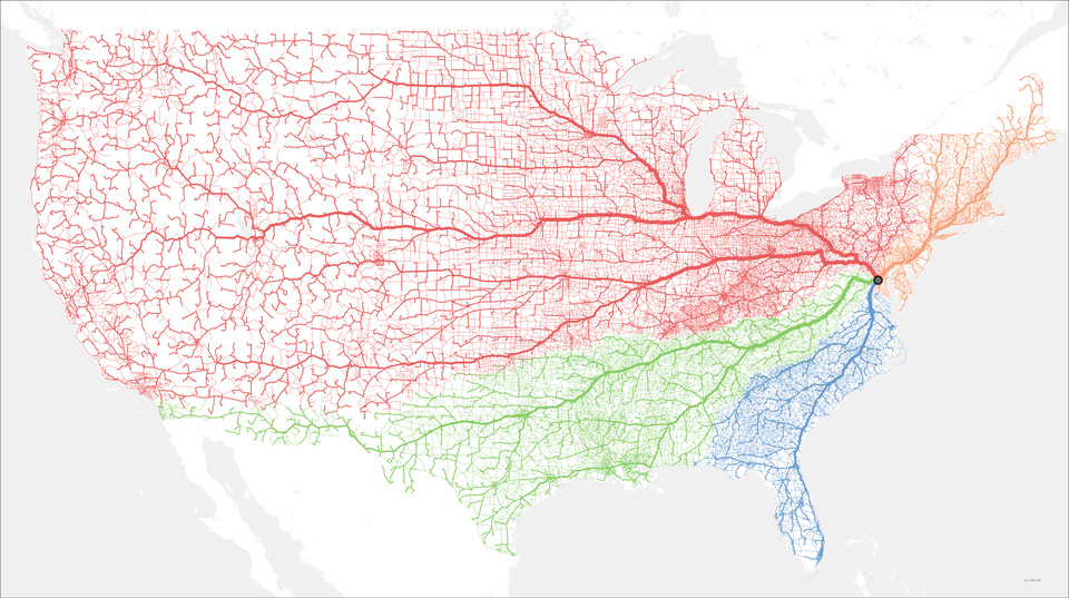 A map showing the quickest route to Washington DC using major roads from across the USA. Interstates 40, 70, 80, and 90 provide the most access to most of the USA