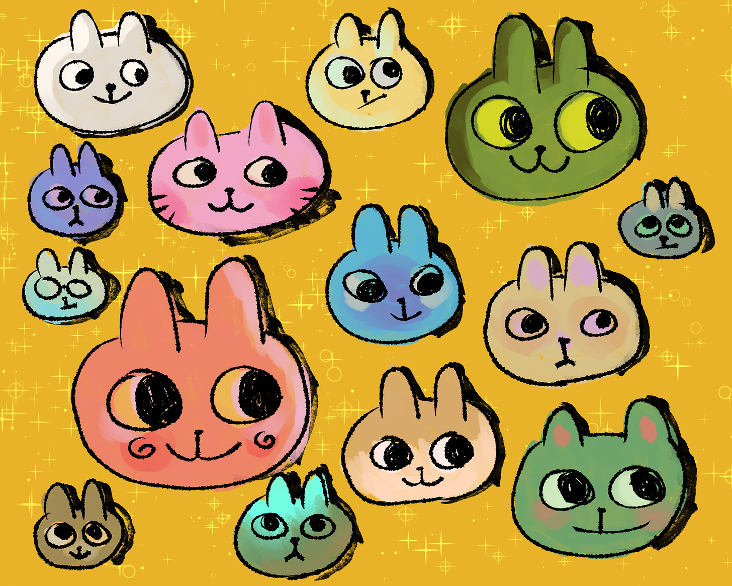 many multicoloured cat drawing faces on a yellow sparkly backgroudn