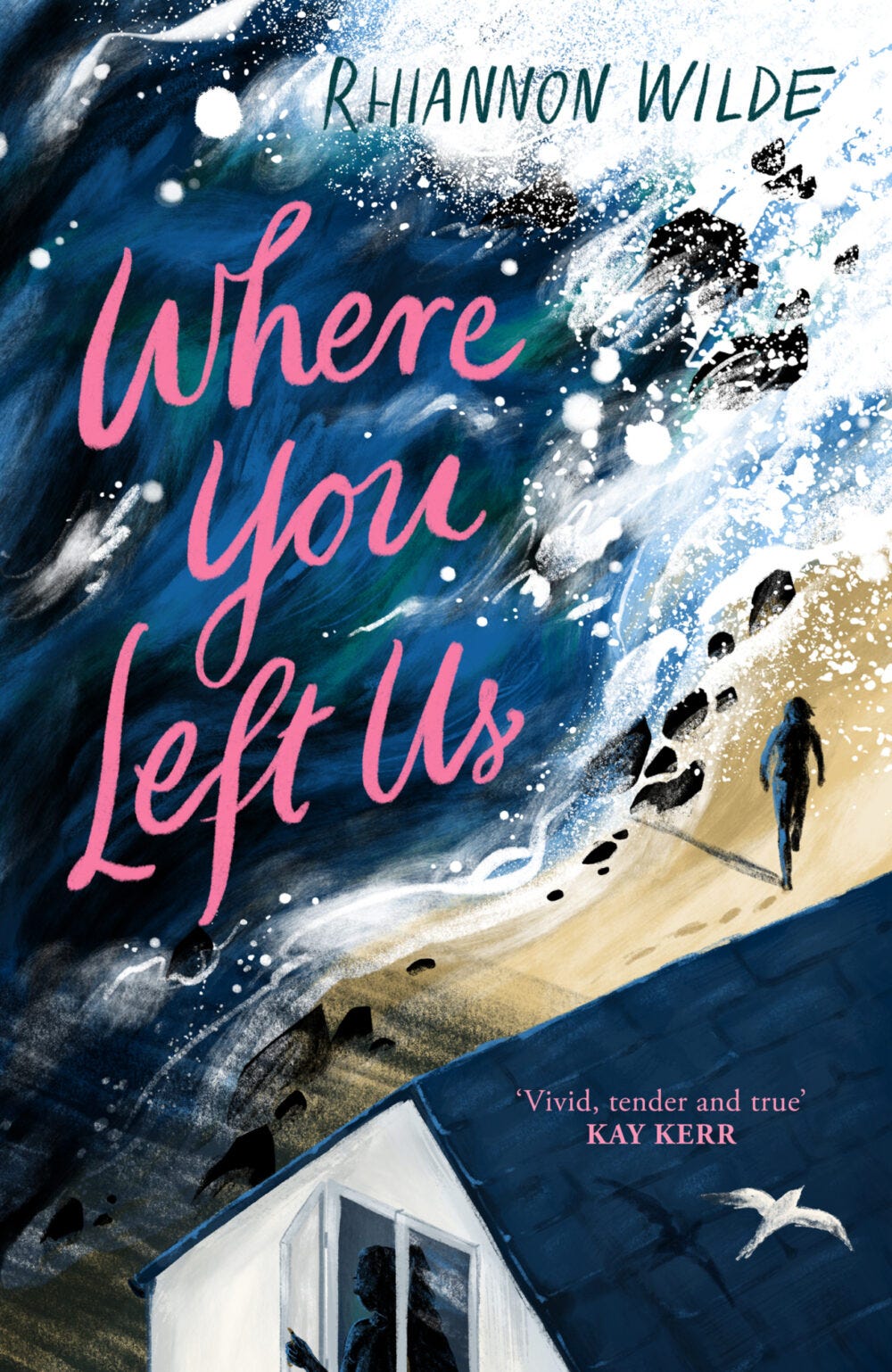 The cover of Where You Left Us by Rhiannon Wilde. It has a house by the sea on it, and pink text 