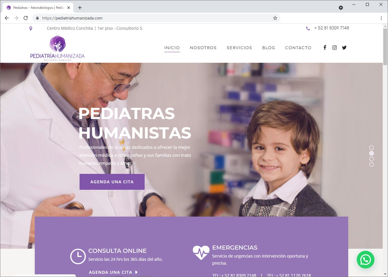 Captura de pantalla de página web de Pediatría Humanizada