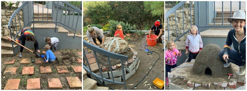 three-part collage: three people digging tiles, several people working on oven, a pile of sand surrounded by three people
