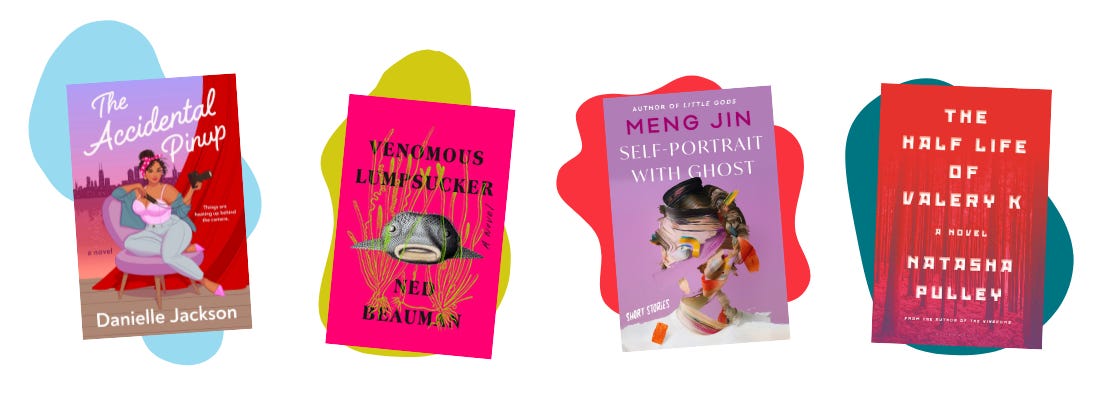Book covers of The Accidental Pinup, Venomous Lumpsucker, Self-Portrait with Ghost, and the Half Life of Valery K