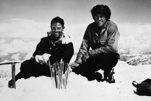 Robert Bates, left, and Bradford Washburn, near the summit of Mount Lucania in Canada in 1937.