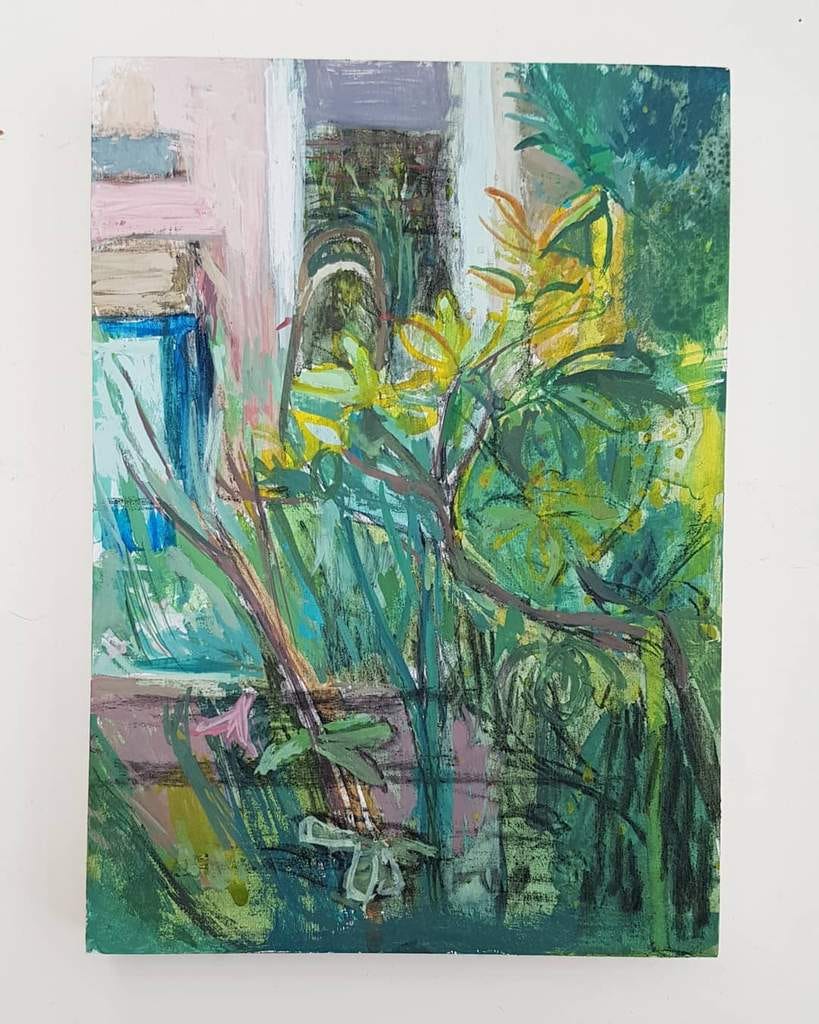 Garden painting. 5x7 inches. Gouache and charcoal on board by Julia Laing 2021