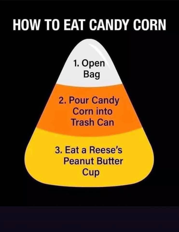 May be an image of text that says 'HOW TO EAT CANDY CORN 1.0pen Bag 2. Pour Candy Corn into Trash Can 3. Eat a Reese's Peanut Butter Cup'