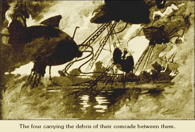 The four carrying the debris of their comrade between them.
