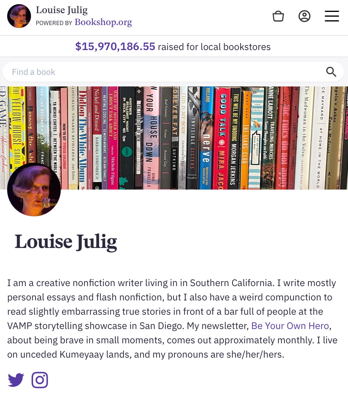 Screen shot of the Bookshop.org site with Louise Julig's storefront. the banner image is a shelf full of memoirs. The shop icon is a circle with a close-up of Louise, a middle-aged woman with an asymmetrical blonde haircut, in front of a microphone