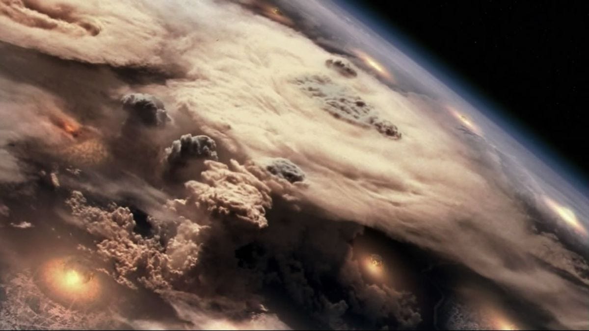 Screencap from BSG showing mushroom clouds on an attacked planet. 