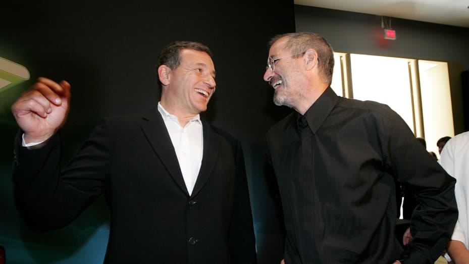 Apple CEO Steve Jobs and then-Walt Disney CEO Bob Iger during an Apple media event September 12, 2006 in San Francisco.