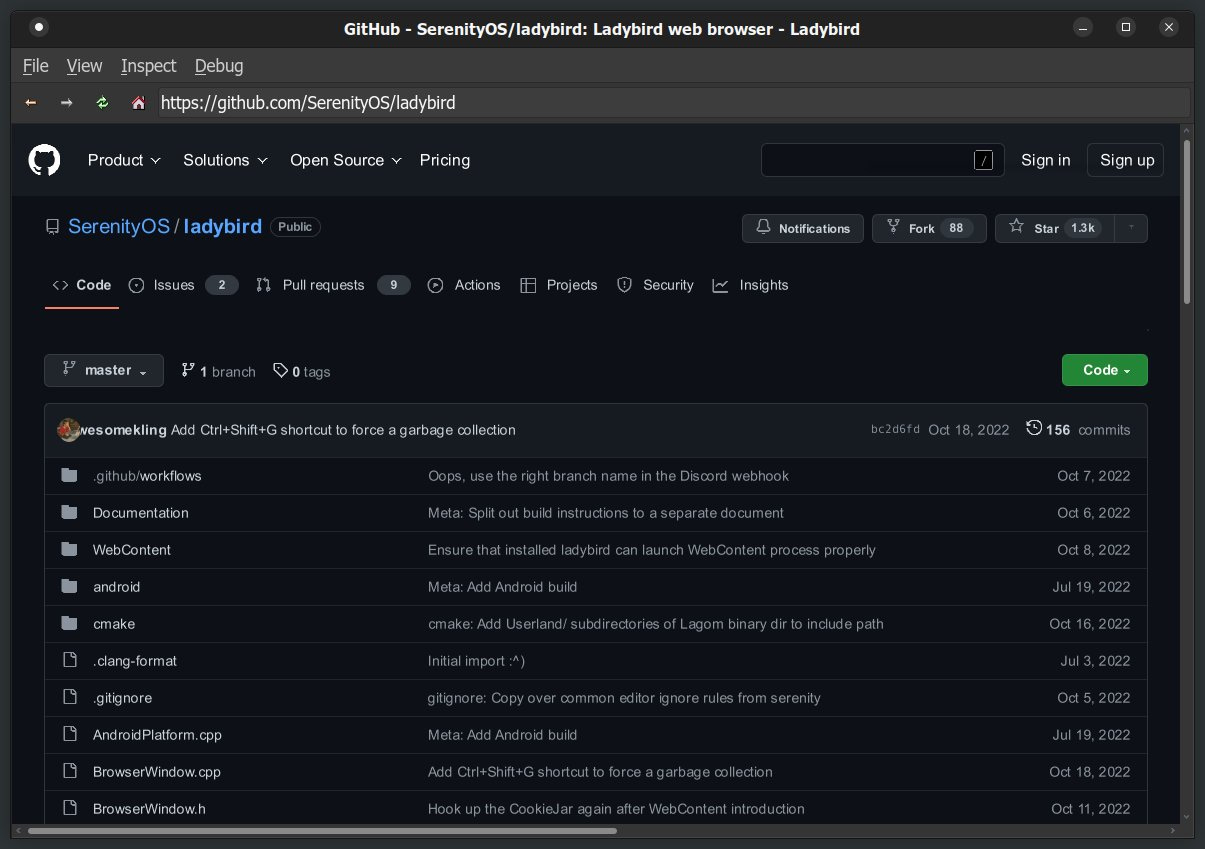 Screenshot of the Ladybird GItHub repository viewed in Ladybird.