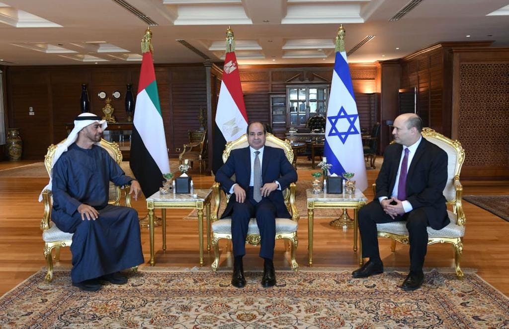 Abu Dhabi’s crown prince (left), Egyptian president and Israeli PM (right) at the talks (Image: Twitter/@IsraeliPM).