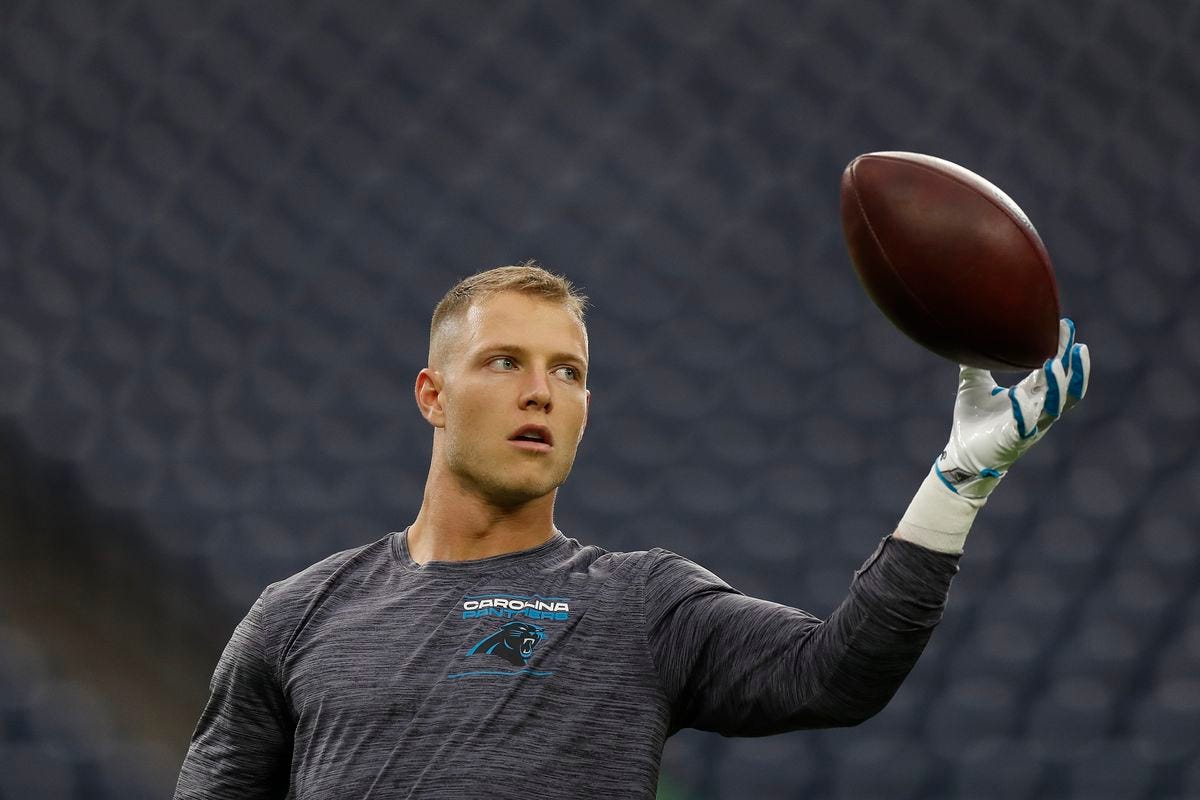 Christian McCaffrey #22 of the Carolina Panthers warms up prior to playing the Houston Texans at NRG Stadium on September 23, 2021 in Houston, Texas.&nbsp;
