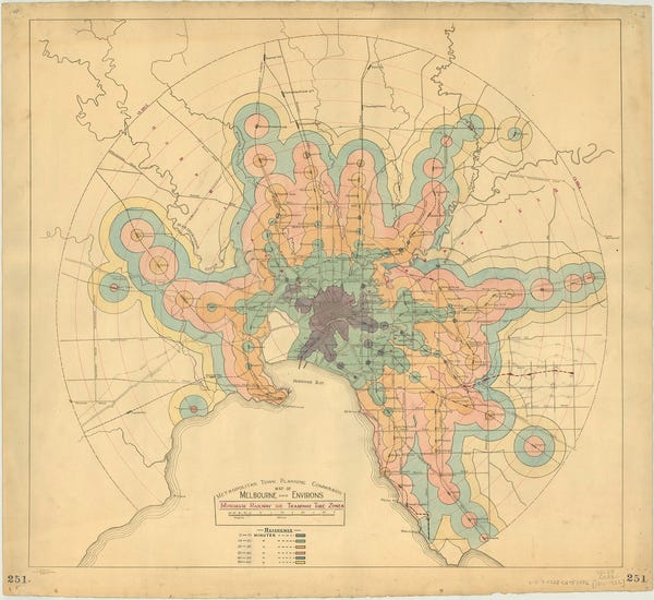 An isochrone from the 1920's illustrating travel times by train.