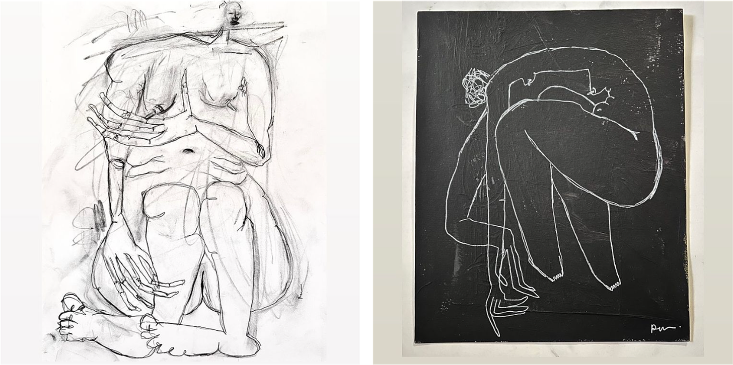 Two works on paper side-by-side. The one on the left is an abstract female nude on a white background rendered in balck charcoal. The one on the right is on a black background rendered with white oil stick.